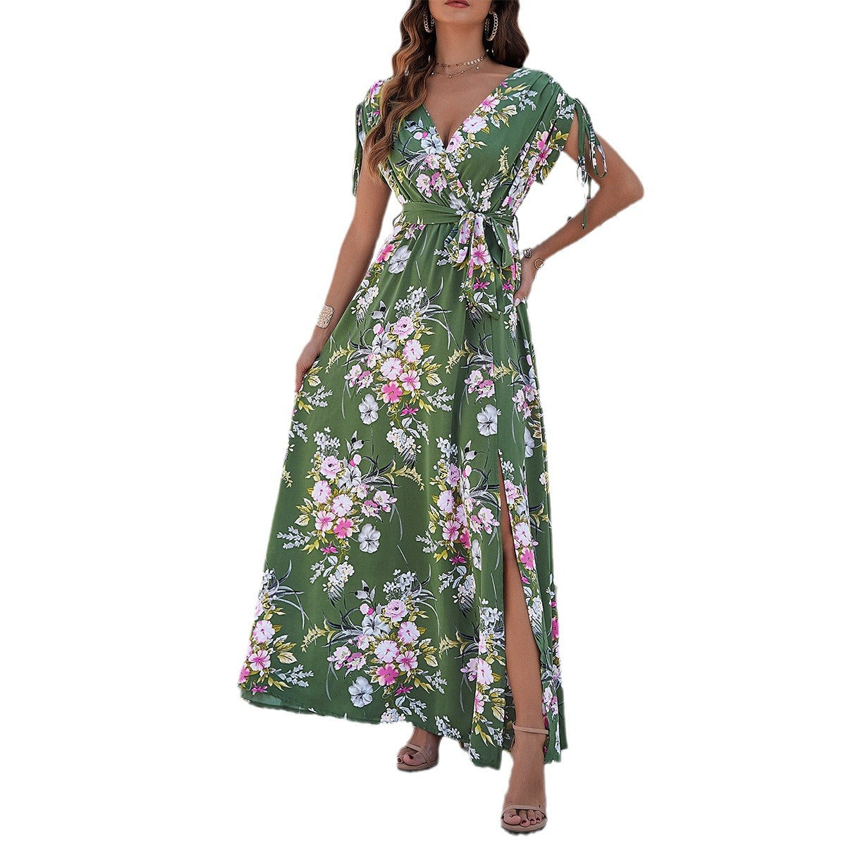 Women's Fashion Temperament Leisure Printed Lace-up Large Swing Dress